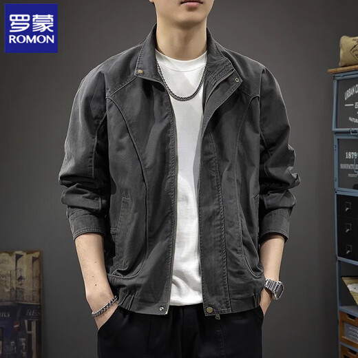 Romon Jacket Men's Jacket Autumn Men's Cotton Casual Jacket Loose Lapel Slim Men's Jacket 2025 New Spring and Autumn Black Regular 100% Cotton L (Suitable weight 125-140 Jin Jin equals 0.5 kg)