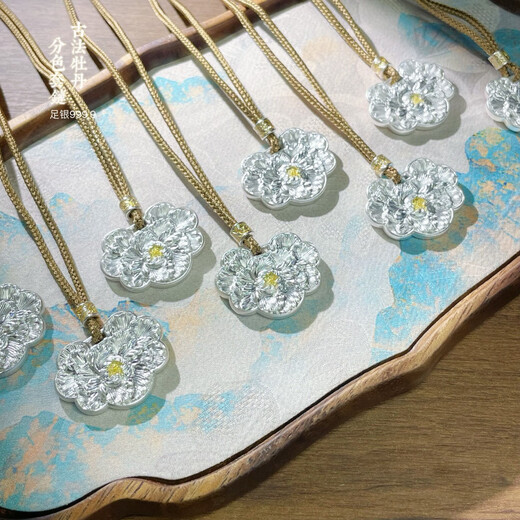 Pure silver 999.9 ancient peony color set chain sterling silver pendant new Chinese style national style light luxury pendant necklace gift peony pendant about 19 grams