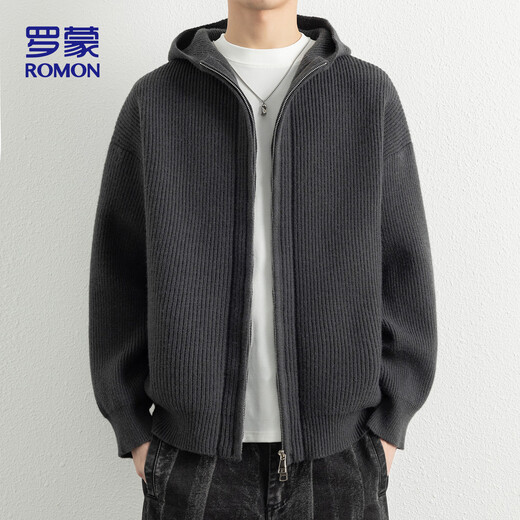 ROMON Knitted Sweater Cardigan Autumn Trendy Hooded Men's Jacket Loose Casual Warm Wool Clothes ST26 Black Gray XL