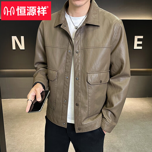 Hengyuanxiang men's leather jacket spring 2026 new American trendy brand casual lapel men's pilot motorcycle leather jacket coffee color 2XL