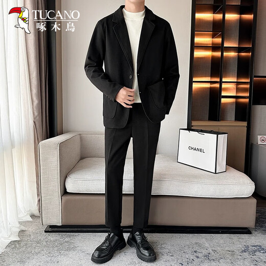 Woodpecker (TUCANO) suit jacket men's 2025 spring and autumn Korean style trendy loose woolen trousers men's casual suit brown suit + black trousers S Recommended 85-105Jin Jin equals 0.5 kg