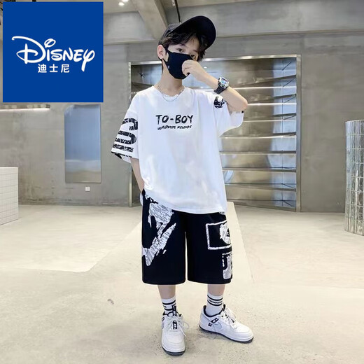 迪士尼（Disney）男童套装2025夏季新款网红套装一整套儿童t恤中大童男孩两件套潮 黑色短袖[SO套装]#687 110 适合身高100左右
