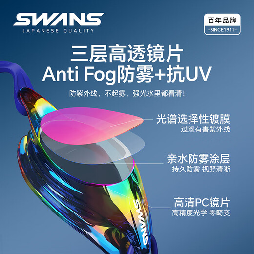 SWANS swimming goggles imported from Japan, professional rubber ring-free racing training swimming goggles, waterproof and anti-fog adult training goggles, purple-red coating