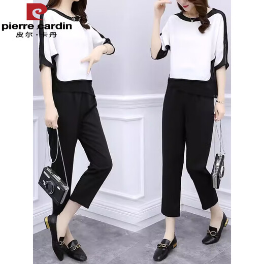 Pier Cardin Traje de moda pequeño para mujeres en verano, estilo femenino y reductor de la edad, pantalones delgados y sueltos de nueve puntos para mujeres. White <9928> M <sugerido 80-100>