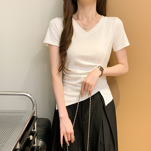 Ran Yilan 2025 Summer New Black plissée à manches courtes à manches courtes pour les femmes, le haut collier irrégulier à l'épaule des femmes, noir (15847 modèles) S_89-98Jin [Jin est égal à 0,5 kg]
