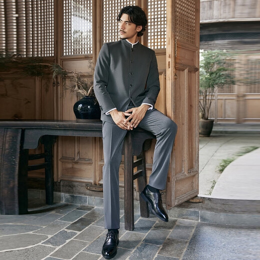 Qipai Chinese stand-up collar/rhino pleat men's fake two-piece stand-up collar gentleman's business blended suit light gray 50 (B50)