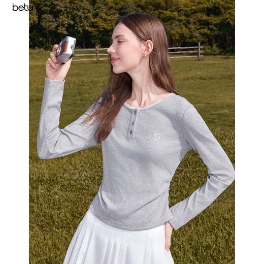 Betu Women's Clothing 2025 Autumn New T-shirt Collar Splicing Lace Pleated Waist Slim T Long Sleeve 2508T22 Light Gray L