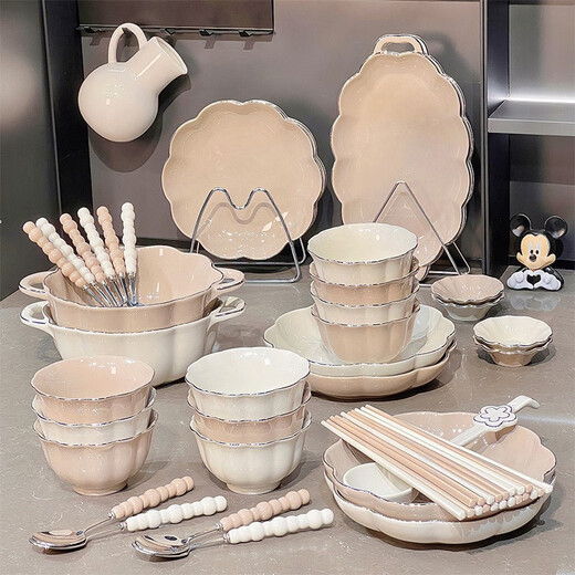 釉下彩碗家用新款陶瓷盘子碗筷组合乔迁礼物餐具碗盘套装 描金款4-6人食礼盒装1355