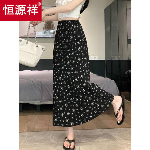 Hengyuanxiang falda floral negra para mujeres en verano Nuevo estilo que cubre las caderas para hacer que se vean de falda de línea delgada en las vacaciones de la playa Use una pequeña falda larga negra 2xl recomendado 160-180Jin [Jin iguala 0.5 kg]