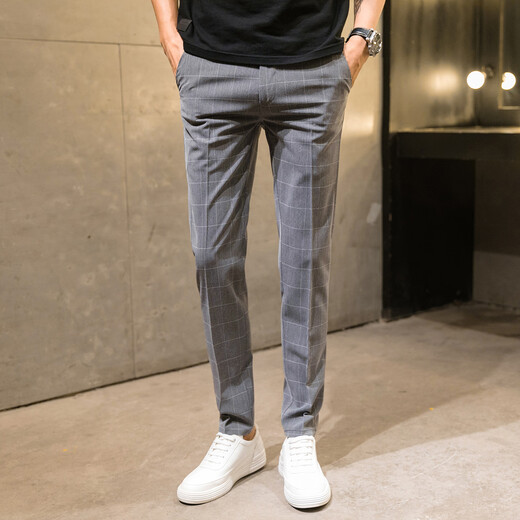 Jessons Casual Hosen Herren Sommer Dünne Eis Seidengeschnittene Hosen Schlanker kleiner Fuß kariertes Hosen Koreanischer Stil trendiger Herrenanzug Hosen K690 Schwarz (Crop Hosen) 32