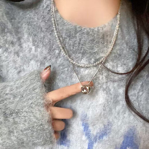 双层波光粼粼豆豆卫衣链女秋冬搭配项链毛衣链时尚洋气长款配饰潮 1条银色双层圆环吊坠项链