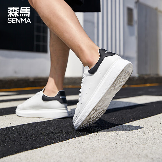 森马小白鞋男2025新款皮面纯色厚底休闲潮流透气男鞋百搭松糕板鞋 9227白黑色 36