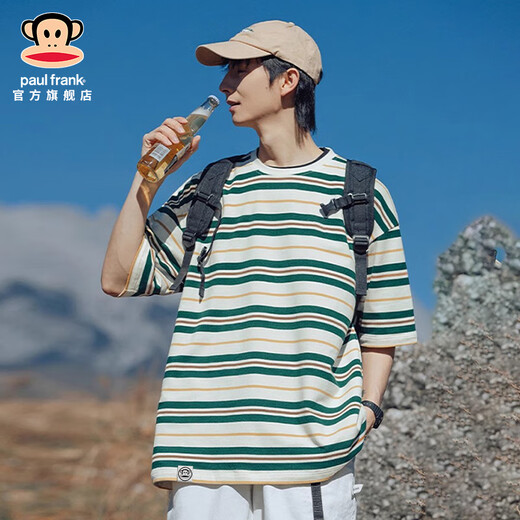 Big Mouth Monkey (paul frank) American fashion brand handsome color-blocking round neck men's T-shirt in summer thin loose stripes casual and versatile short-sleeved men's clothing green 698D [official authentic] XL [recommended 140-155 Jin [Jin equals 0.5 kg]]