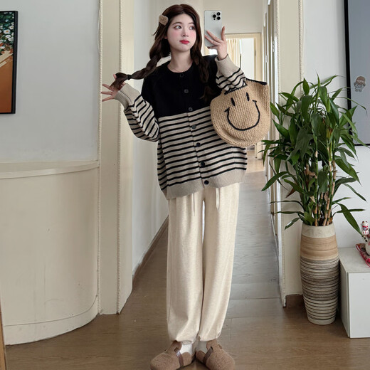Jung-Mi maternity clothing spring and autumn clothing 2025 pregnant women autumn and winter fashion loose slimming age-reducing striped sweater cardigan apricot color-single-single top L
