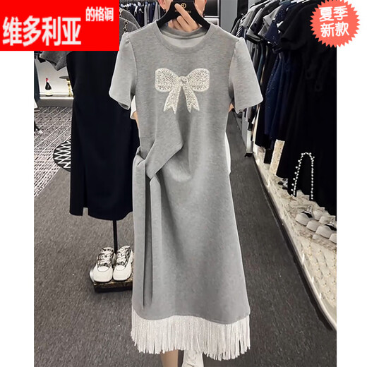 维多利亚的格调重工蝴蝶结短袖连衣裙女2025夏季新款收腰显瘦长裙小个子气质裙子 黑色3524 S 【建议80-100斤】