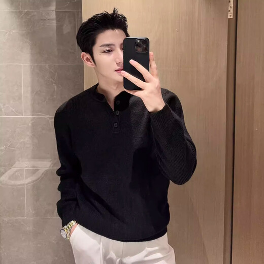 Kuraishi Kazuki V-neck lazy style Henry collar sweater men's Korean style early autumn top bottoming pullover knitted sweater Gray M