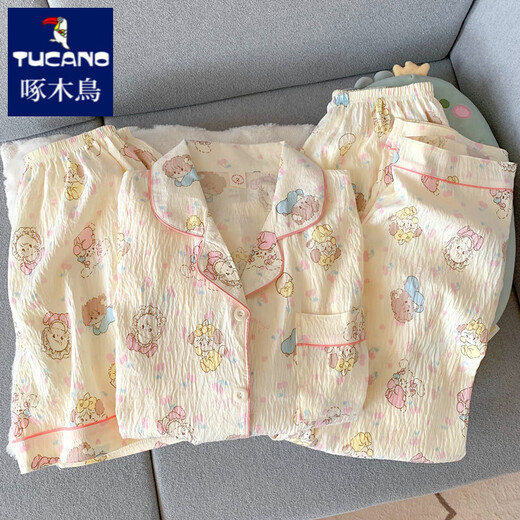 啄木鸟mikko睡衣女款夏季纯棉纱布短袖ins日系可爱春秋天家居服三件套装 云朵棉-9902#星星KT猫三件套 XL 女【建议115-140斤】