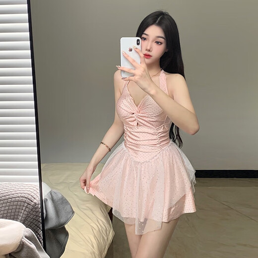 2025 new style halter neck swimsuit for women, high-end one-piece covering belly, slimming, pure desire student, sweet girl, beach vacation, pink L, recommended 95-105 Jin Jin is equal to 0.5 kg
