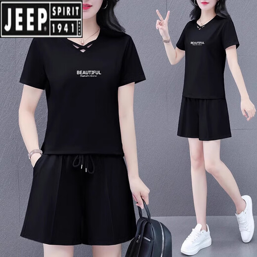 JEEP SPIRIT运动服套装女夏季2025新款宽松大码纯|棉短袖短裤休闲百搭两件套 灰色【舒适纯棉面料】 M (80-95斤)