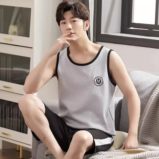 Summer en coton pur pyjamas pour hommes en deux pièces lâche et décontracté en deux pièces fine les vêtements de maison sans manches d'âge moyen H9928 Shorts à manches courtes l recommandés 100-120jin [Jin est égal à 0,5 kg]