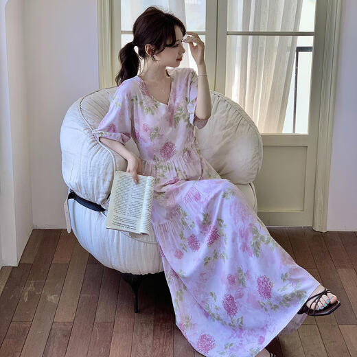 山头林村一体式固定胸垫睡裙可外穿有腰带女短袖夏季棉绸加长款连衣裙 V领长裙绿底白玉带胸垫 均码 F裙长12590-160斤