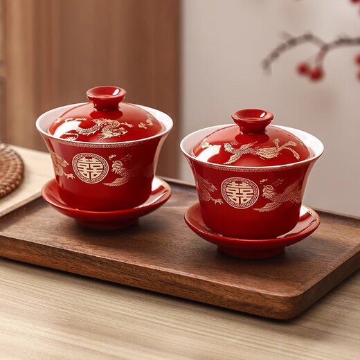 Wanjiaquan wedding teacup wedding wedding bowl tray set dowry tableware cup tea set set wedding change wedding supplies gilt dragon and phoenix in auspiciousness 1 pair of teacups
