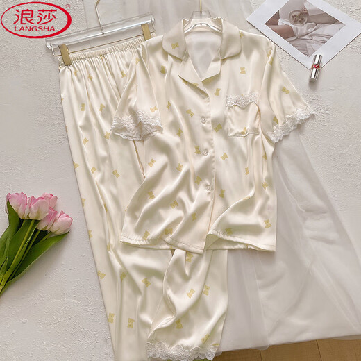 浪莎（LangSha）韩版ins冰丝绸凉感睡衣女士短袖长裤少女甜美可爱小熊家居服套装 高品质-YFY-9905【短袖长裤】 M 【建议80-100斤】