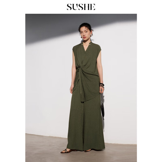 SUSHE Minimalism Textured Glossy V-neck Loose Sleeveless Top Straight Pants Suit Qing Hao-Top S