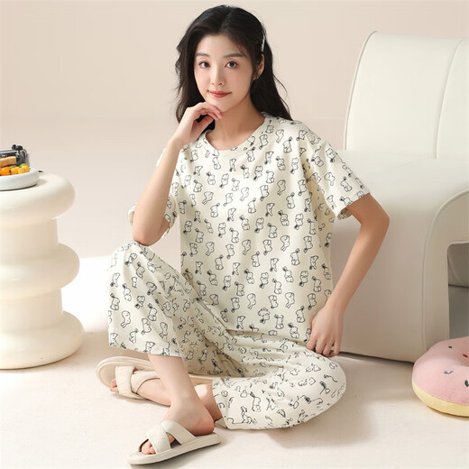 ZHIDOUDOU pajamas for women in summer 2025 new short-sleeved cropped pants set for spring and summer thin women can short-sleeved cropped pants-679 M Recommended 80-100Jin [Jin equals 0.5 kg]