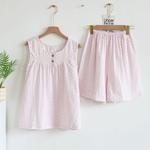 Baby cotton pajamas for women in summer thin polka dot age-reducing vest shorts suit for women's cotton home clothes for outdoor wear Mint green dot XL