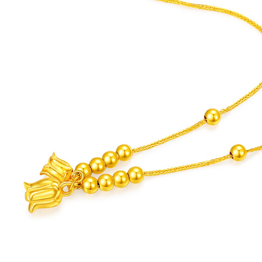 Mengjinyuan 18K gold necklace with lily of the valley and small gold beads set chain with color gold AU750 as a birthday gift for girlfriend. Weighs about 1.55g. Chain length is about 45cm.