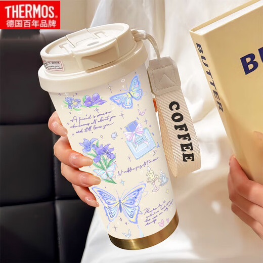 
THERMOS Simple Butterfly Thermos (THERMOS) Stainless Steel Portable Double Drinking Coffee Cup 2025 New Women's Straw Water Cup High-Precision BW1049 Dark Pink Butterfly A+ with Lanyard