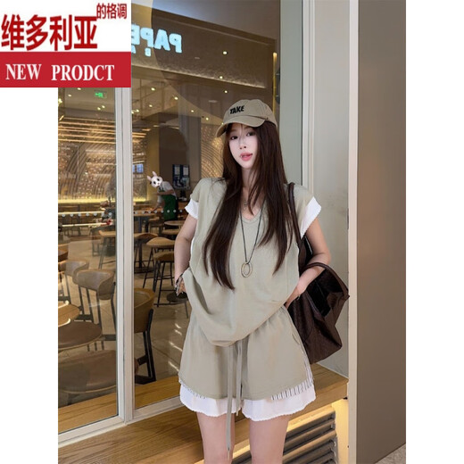 维多利亚的格调慵懒松弛感穿搭休闲套装女夏卡其色小飞袖v领t恤假两件短裤两件套 卡其色裤子 M