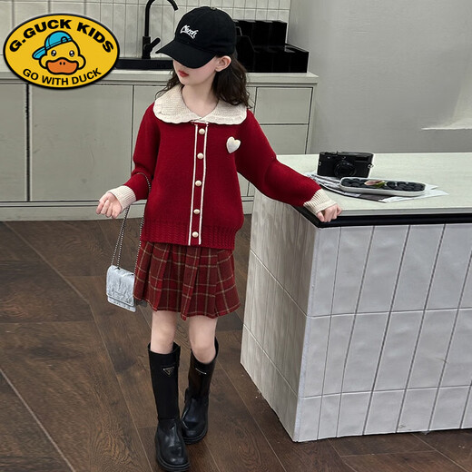 G.duck Girls Autumn and Winter Skirt New Year Suit 2026 New Children's Pleated Skirt Girls Big Children College Style New Year Clothes Suit Rice Sweater + Red Skirt 150 cm
