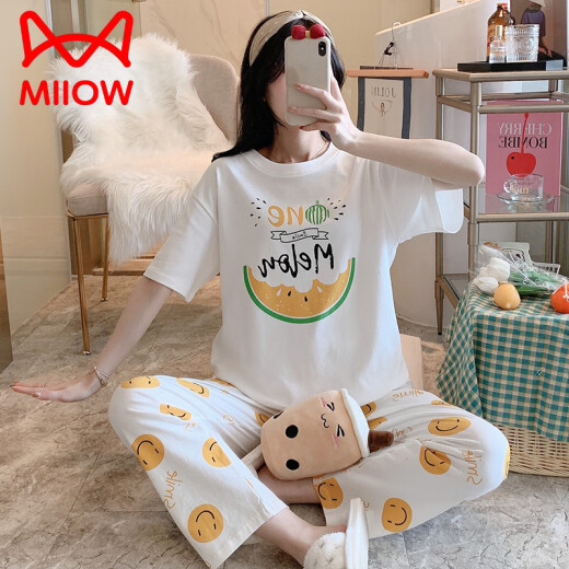 猫人（MiiOW）春秋睡衣女夏季薄款纯棉短袖长裤两件套装宽松全棉休闲女士家居服 SSM-6625 L 【95-120斤】