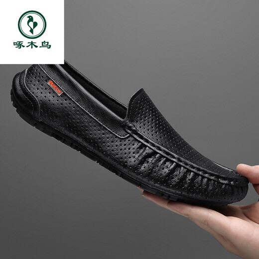Woodpecker 2025 Printemps et été en cuir authentique Chaussures en cuir respirant décontractée pour hommes Softs Sofle Sole Hommes British One-Foot Lazy Chaussures Men 9901 Black Breathable 41