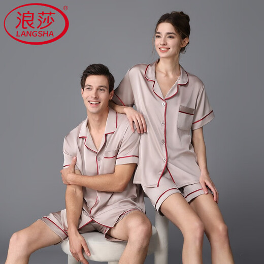 浪莎（LangSha）轻奢冰感睡衣情侣短袖夏天真丝夏天薄款真丝色开衫两件套女 3899女浅灰色 M