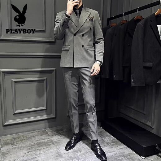 Playboy (PLAYBOY) high-end double-breasted suit men's suit business casual formal British style groom wedding dress three-piece set medium gray (suit + vest + trousers) XL 52