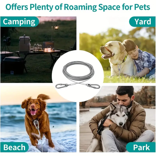 Extended stainless steel dog traction rope dog leash small, medium and large dog pet steel wire rope thick chain dog rope anti-bite silver gray + double-ended carabiner rope thickness 3 mm total rope length 2 meters