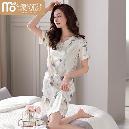 Modal 2025 new nightgown women's pajamas summer ice silk short-sleeved sexy dress silk home clothes white oak 9923 M 160