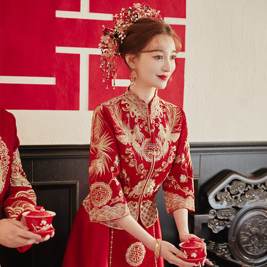 Woodpecker (TUCANO) Xiuhe Wedding Bridal 2025 New Chinese Wedding Dress Wedding Dress New Small Toast Wear Slim Show Kimono Feng Laiyi Simple Style (+Golden Phoenix Headdress) 2XL