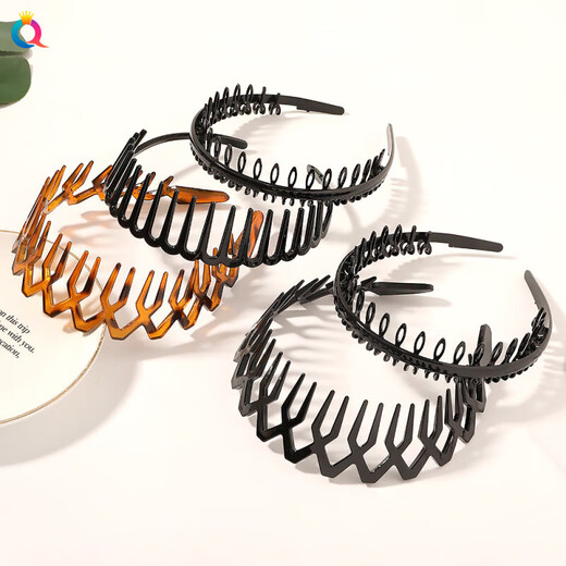 Non-slip toothed hair hoop to press bangs and broken hair, simple black brown face wash hair accessories for women, frosted small wavy hair hoop - black