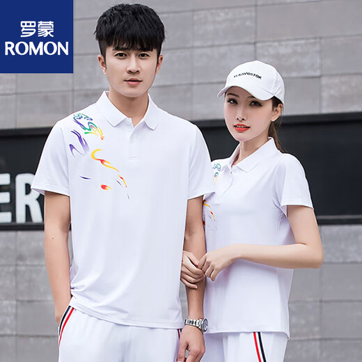 Romon Summer Pare Four с коротким рукавом Мужчины и женщины дышащая быстро сухая одежда Polo Shirt Set Set Custom Printed Workwear 9215 Красный набор (футболка + белые брюки) XL Мужчины