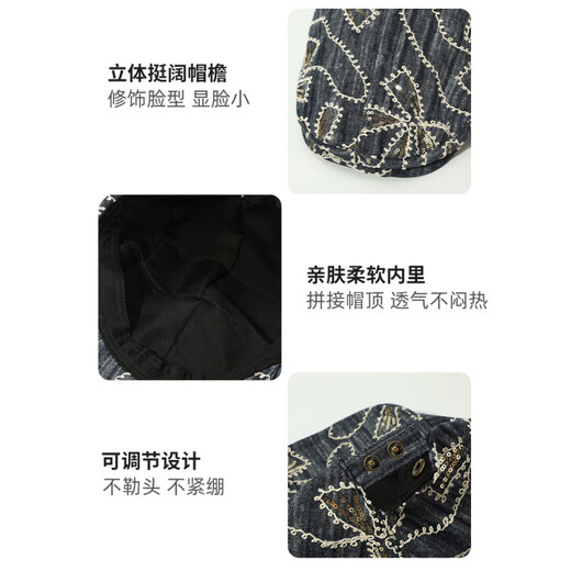 CGEDIAO Japanese embroidered flower sequin forward hat for women to wear in reverse in summer, outdoor versatile sun protection temperament beret #1716-Blue M can generally be worn (54-59c)