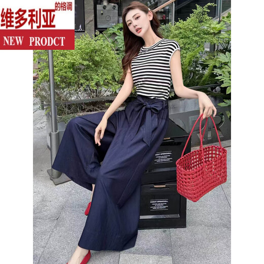 维多利亚的格调2025夏季新款时尚条纹无袖背心上衣腰带蝴蝶结阔脚裤两件套女裙裤 蓝色 两件套 M 建议穿90-110斤左右