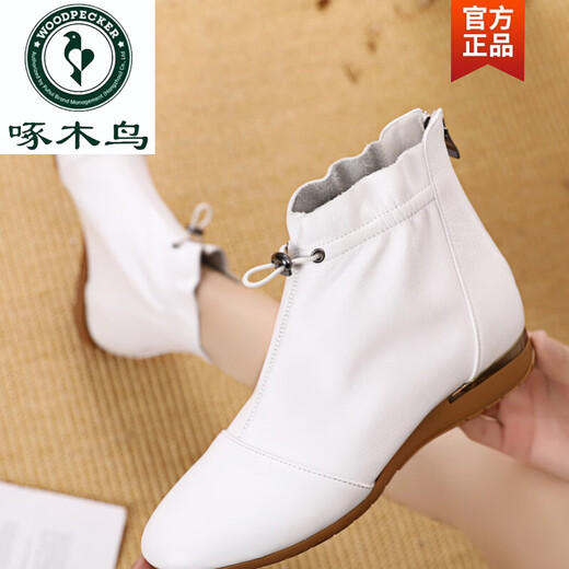 Woodpecker genuine leather flat heel short boots for women versatile casual Martin boots autumn single boots nude boots white women's boots soft sole mother women's shoes white single style 41
