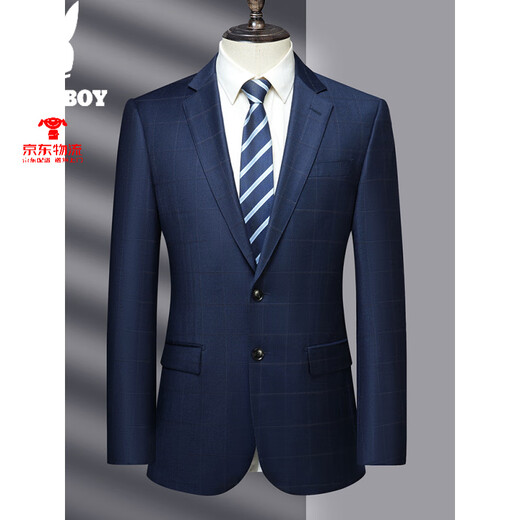 Playboy Worsted Wool Cashmere Mulberry Silk Suit Men's Slim Plaid Business Suit Work Formal Men's Jacket Blue XL 180