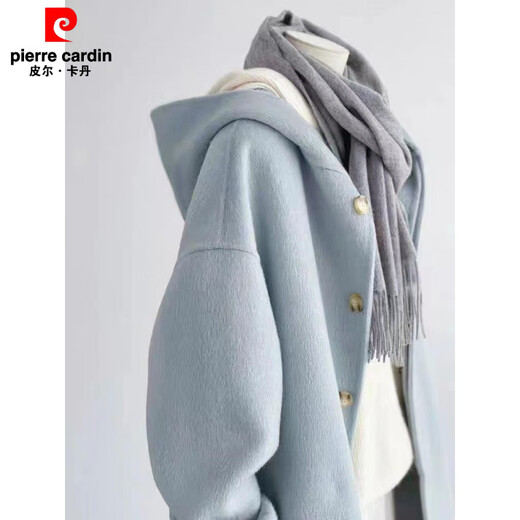 Pierre Cardin fat mm extra large size 300 Jin Jin equals 0.5 kg Woolen coat women's autumn and winter feeling small cream blue hooded coat Picture color XL 110-140 Jin Jin equals 0.5 kg