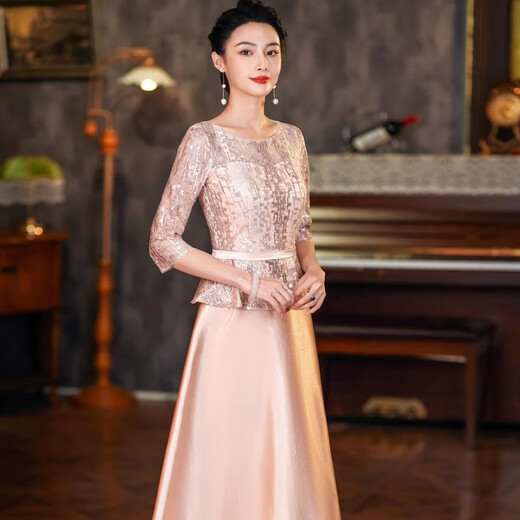 Hengyuanxiang champagne color happy mother-in-law wedding banquet dress 2025 summer new retro wedding noble young mother high-end dress champagne color M