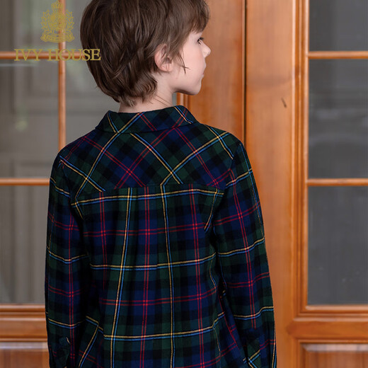 IVY HOUSE children's clothing for boys and older children in spring and autumn new style plaid shirt long-sleeved tops cotton versatile college style base A dark green 120